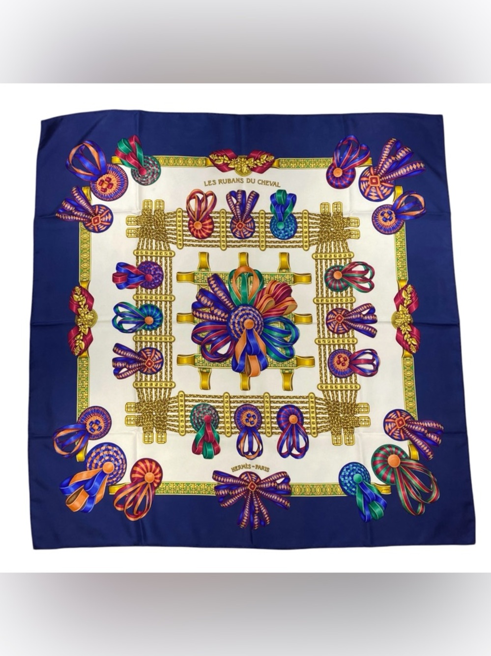 Hermes Navy Blue Multicolor 'Les Rubans du Cheval' Silk Scarf